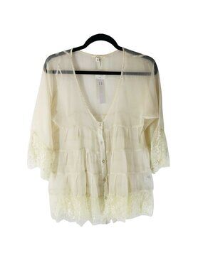 Ciel Womens Top Blouse Sheer Lace Oversized Tiered Button Front Ivory V Neck S